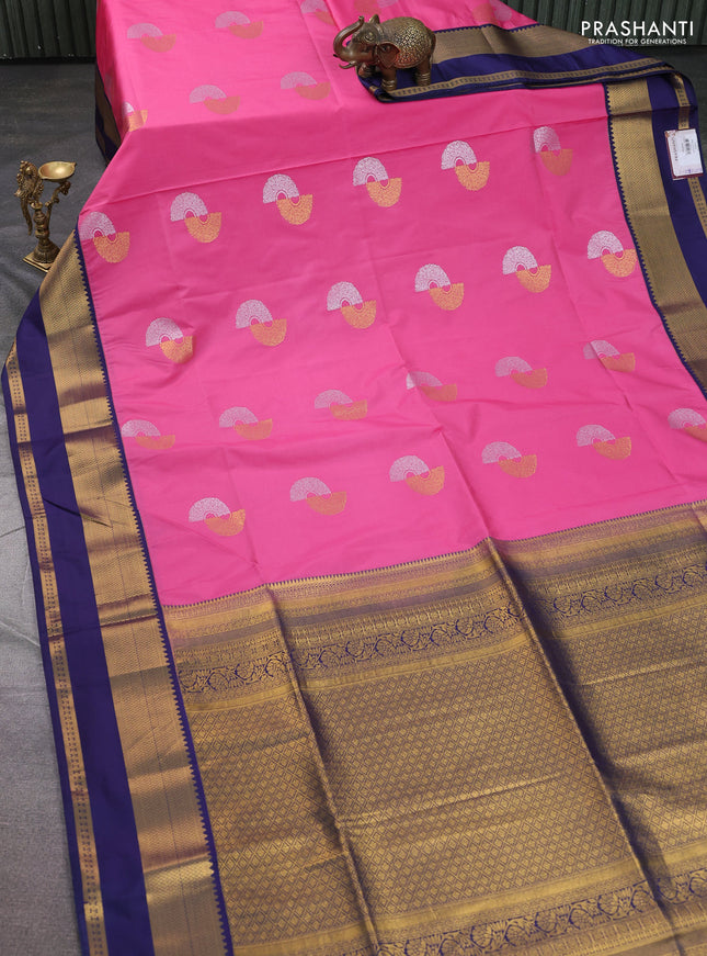 Semi soft silk saree pink and navy blue with zari woven buttas and rettapet zari woven border