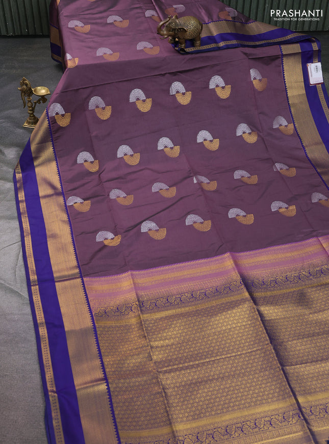 Semi soft silk saree pastel purple and navy blue with zari woven buttas and rettapet zari woven border