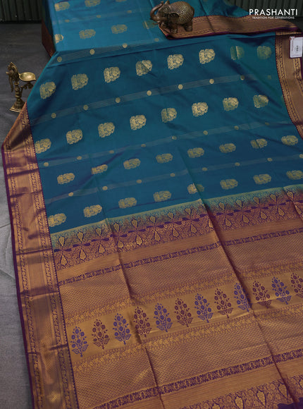Semi soft silk saree dual shade of blue shade and maroon with zari woven buttas and zari woven korvai border