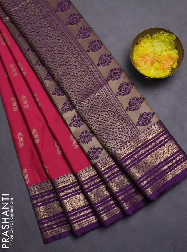 Semi soft silk saree pink and violet with allover zari woven buttas and zari woven korvai border