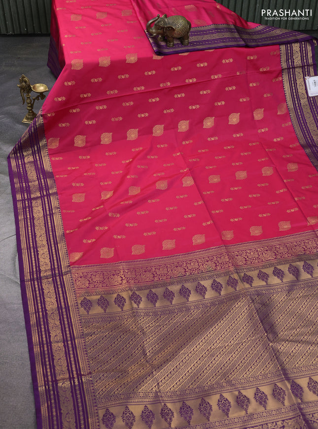 Semi soft silk saree pink and violet with allover zari woven buttas and zari woven korvai border