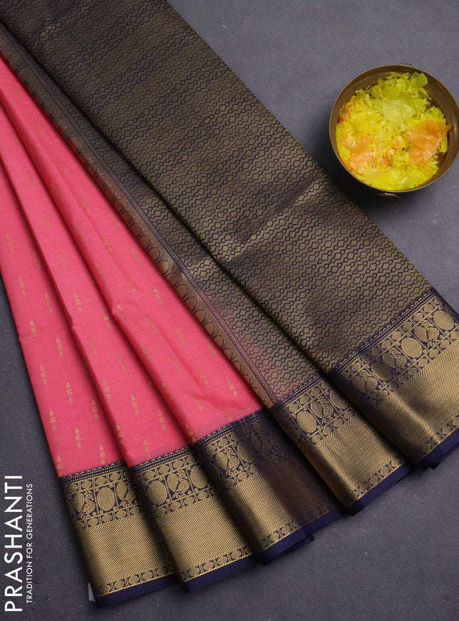 Semi soft silk saree peach pink and navy blue with allover zari woven buttas and zari woven border