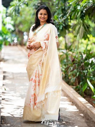 Pure kanchipuram silk saree off white with allover floral design brocade weaves and zari woven border