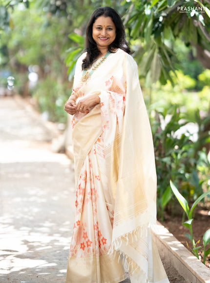Pure kanchipuram silk saree off white with allover floral design brocade weaves and zari woven border