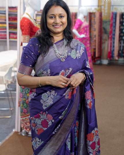 Pure banarasi silk saree blue with thread & zari woven floral buttas and zari woven border