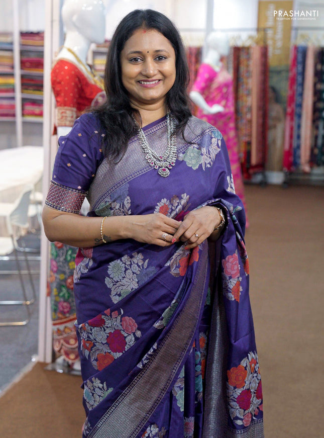 Pure banarasi silk saree blue with thread & zari woven floral buttas and zari woven border