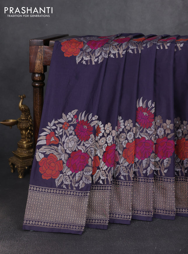 Pure banarasi silk saree blue with thread & zari woven floral buttas and zari woven border