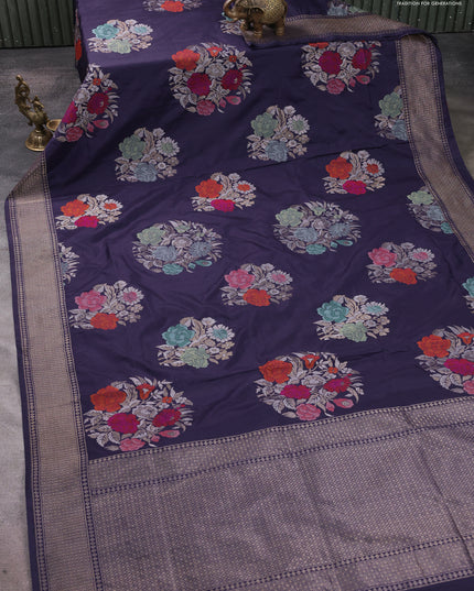 Pure banarasi silk saree blue with thread & zari woven floral buttas and zari woven border