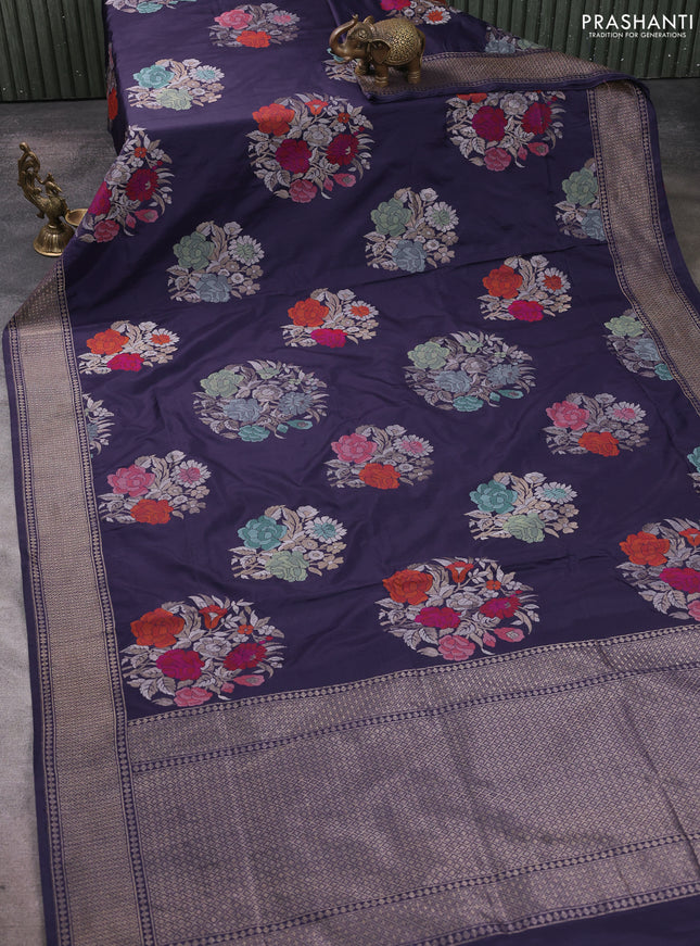 Pure banarasi silk saree blue with thread & zari woven floral buttas and zari woven border