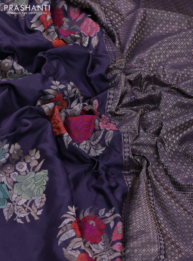 Pure banarasi silk saree blue with thread & zari woven floral buttas and zari woven border
