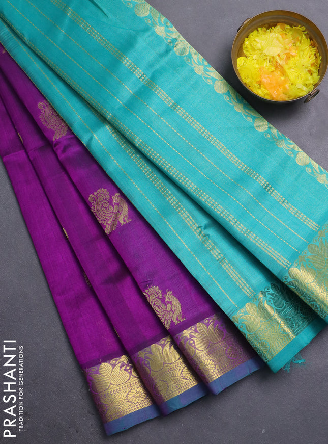 Silk cotton saree purple and teal green with annam & paisley zari woven buttas and zari woven border