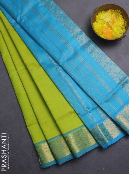 Silk cotton saree lime green and cs blue with zari woven buttas and zari woven border