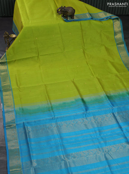 Silk cotton saree lime green and cs blue with zari woven buttas and zari woven border
