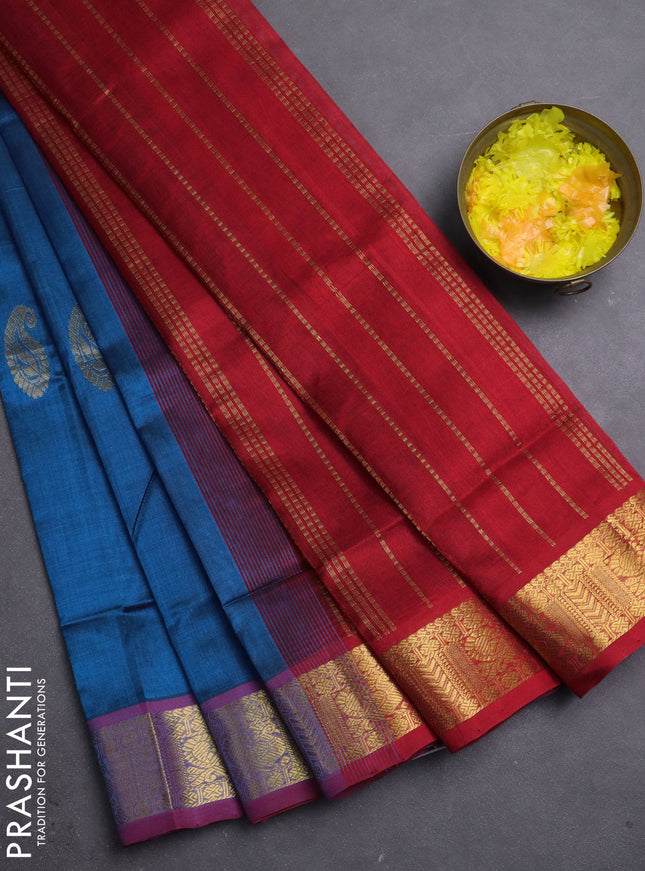 Silk cotton saree peacock blue and red with paisley zari woven buttas and zari woven border