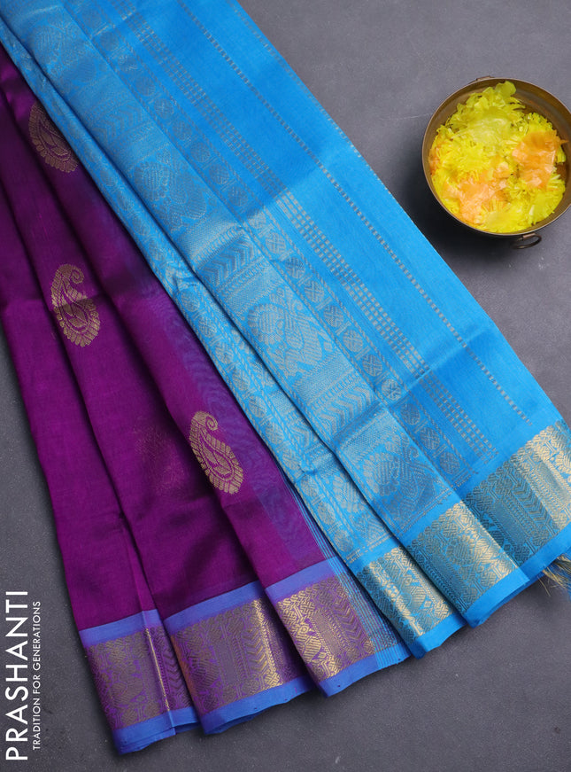 Silk cotton saree purple and cs blue with paisley zari woven buttas and zari woven border