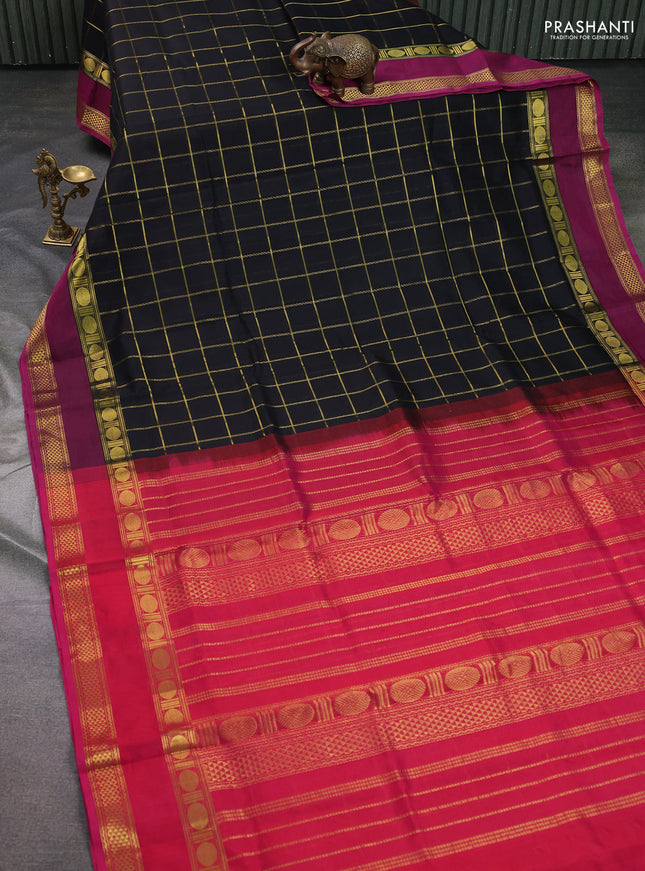 Silk cotton saree black and pink with allover zari woven checked pattern and rettapet zari woven border