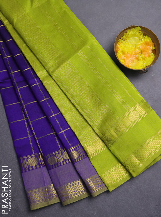 Silk cotton saree violet and lime green with allover zari woven checked pattern and rettapet zari woven border
