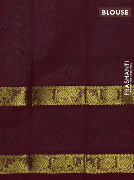 Silk cotton saree teal green and maroon with allover zari lakshadeepam patten and rettapet zari woven border