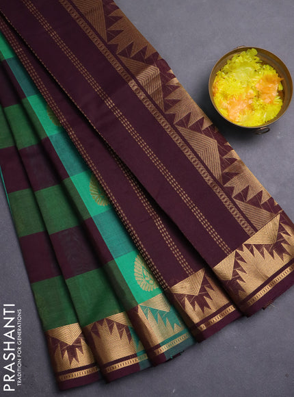 Silk cotton saree green and deep wine shade with allover zari lakshadeepam patten and rettapet zari woven border