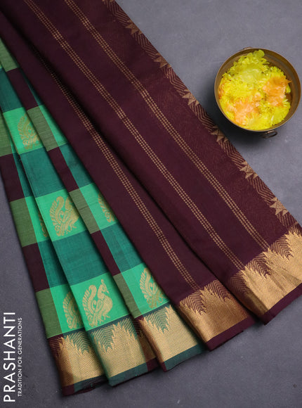 Silk cotton saree green and wine shade with allover paalum pazhamum checks & buttas and zari woven border