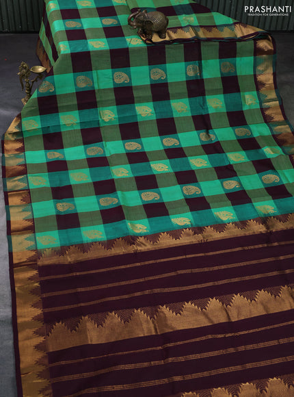 Silk cotton saree green and wine shade with allover paalum pazhamum checks & buttas and zari woven border