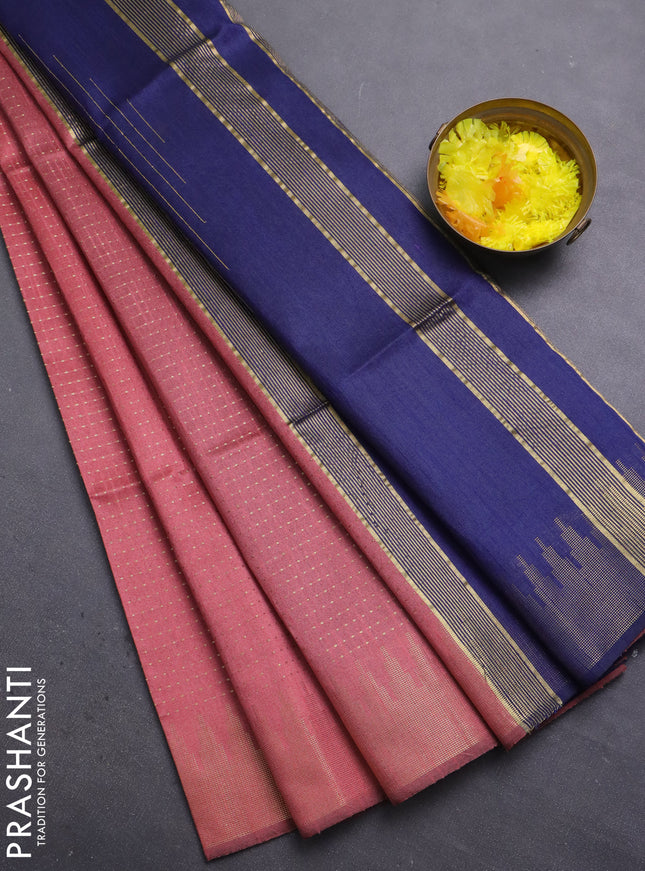 Semi dupion saree peach shade and navy blue with allover zari weaves and temple zari woven border