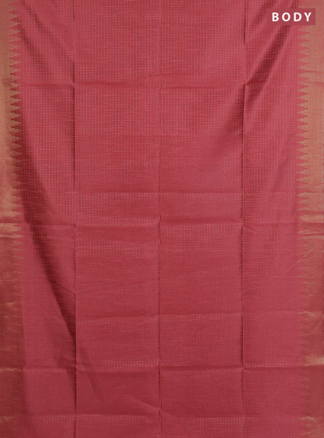 Semi dupion saree peach shade and navy blue with allover zari weaves and temple zari woven border