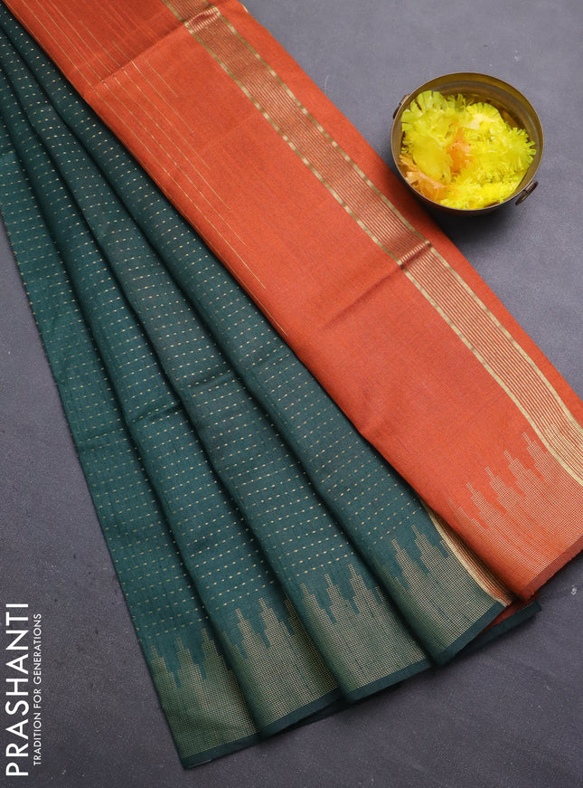 Semi dupion saree bottle green and orange with allover zari weaves and temple zari woven border