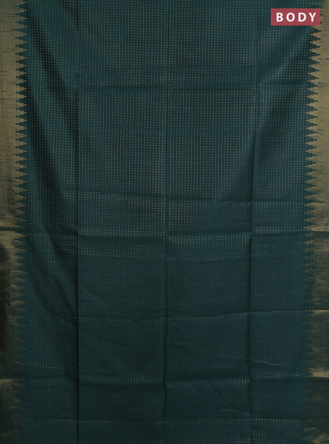 Semi dupion saree bottle green and orange with allover zari weaves and temple zari woven border