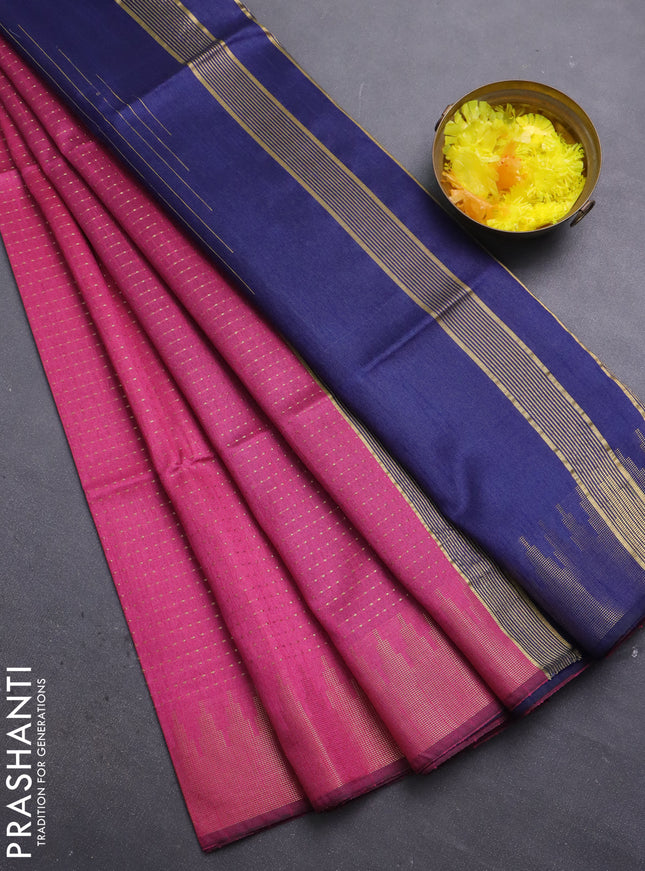 Semi dupion saree dark pink and navy blue with allover zari weaves and temple zari woven border