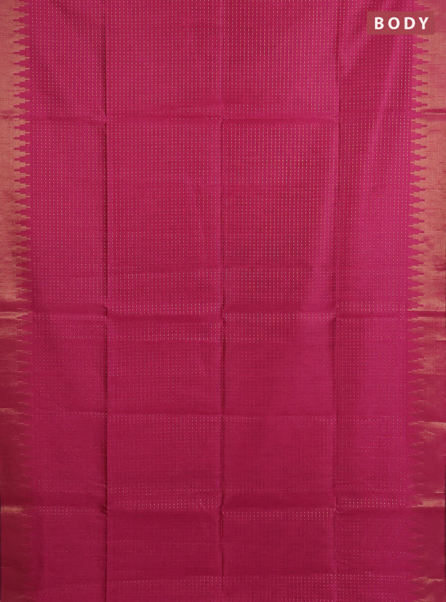 Semi dupion saree dark pink and navy blue with allover zari weaves and temple zari woven border