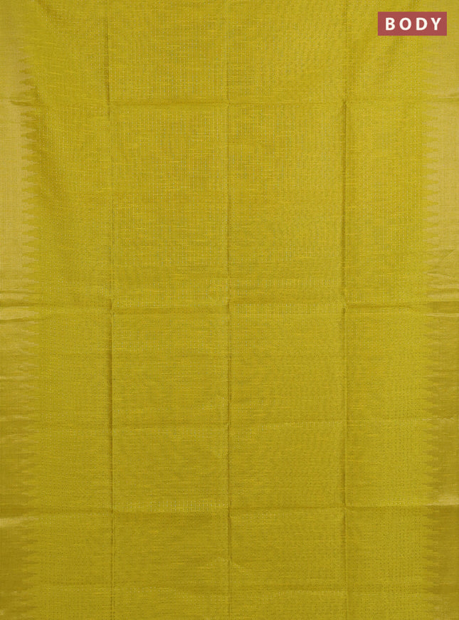 Semi dupion saree lime yellow and teal green with allover zari weaves and temple zari woven border