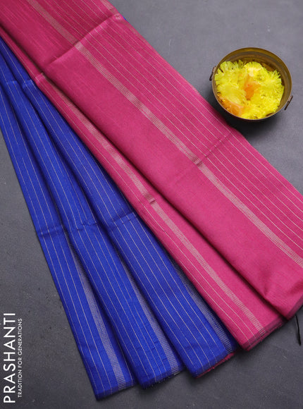 Semi dupion saree blue and pink with allover zari stripes pattern and zari woven border
