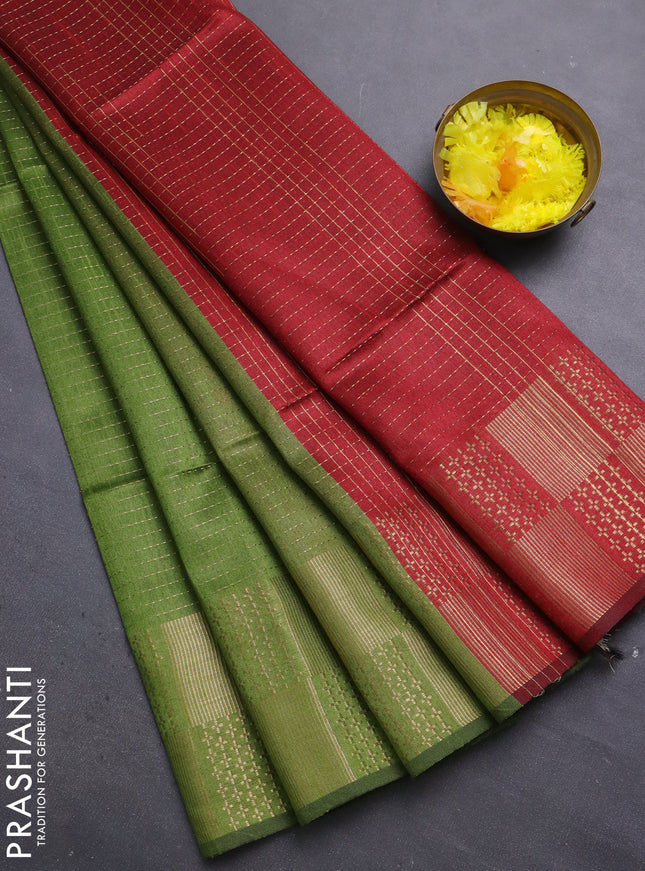 Semi dupion saree mehendi green and maroon with allover zari stripes pattern and zari woven border