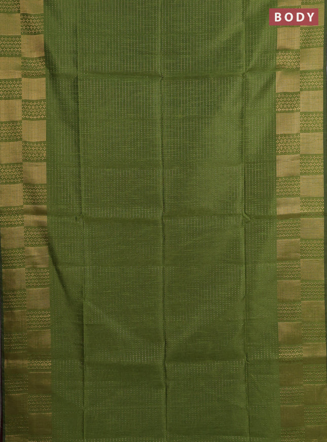 Semi dupion saree mehendi green and maroon with allover zari stripes pattern and zari woven border