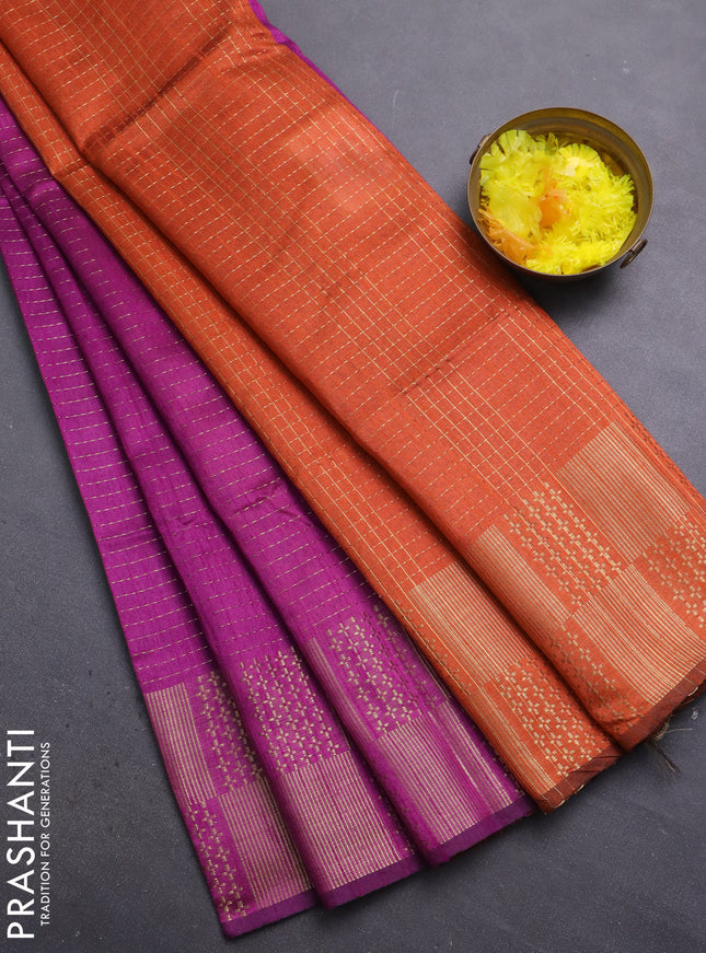 Semi dupion saree purple and orange with allover zari stripes pattern and zari woven border