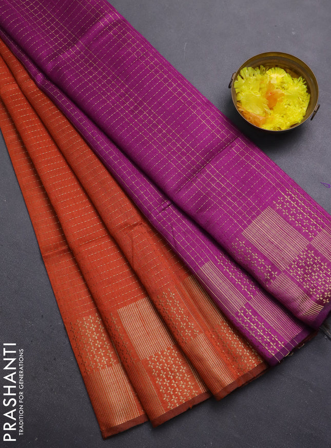 Semi dupion saree orange and purple with allover zari stripes pattern and zari woven border
