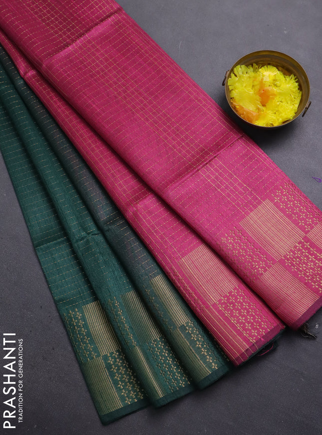 Semi dupion saree bottle green and pink with allover zari stripes pattern and zari woven border