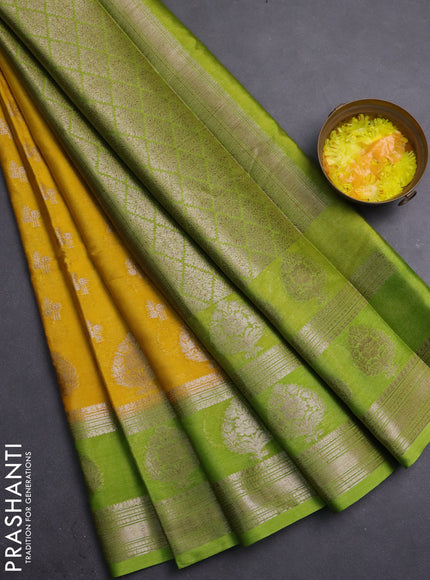 Banarasi warm silk saree yellow and lime green with allover thread & zari woen buttas and zari woven border
