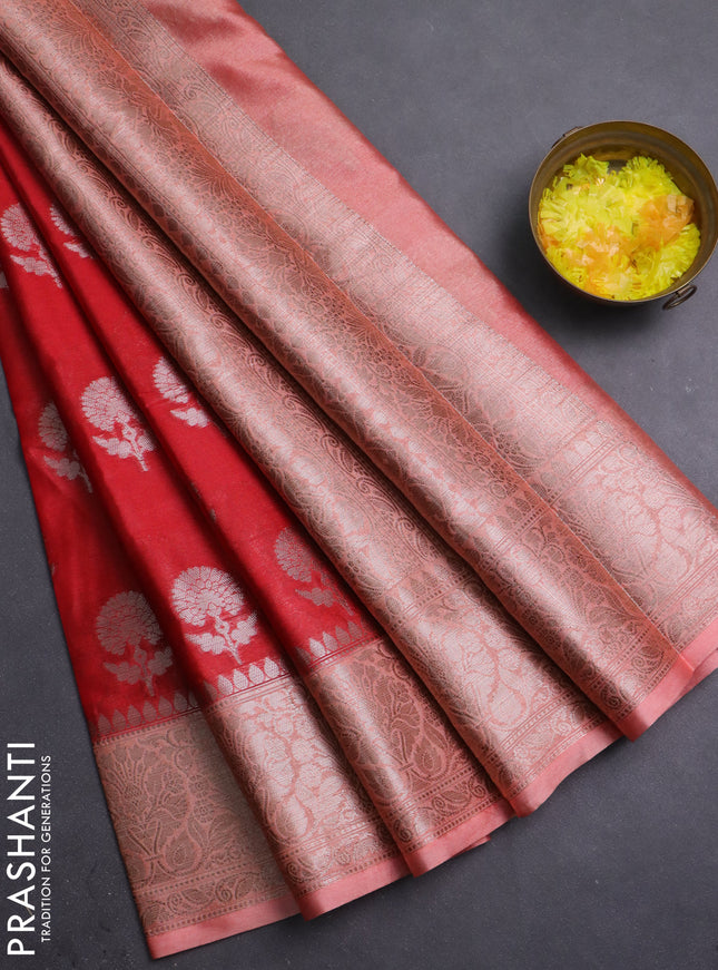 Banarasi warm silk saree red and peach orange with allover thread & zari woven buttas and zari woven border