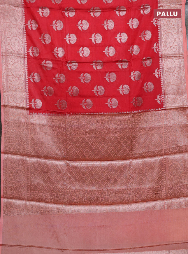 Banarasi warm silk saree red and peach orange with allover thread & zari woven buttas and zari woven border
