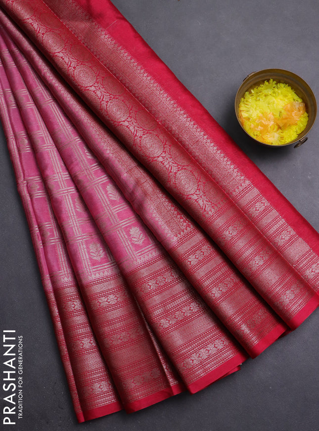 Banarasi warm silk saree light pink and pink with allover thread & zari checked pattern and long zari woven border