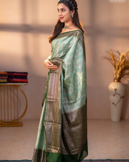 Banarasi warm silk saree pastel green and green with allover thread & zari checked pattern and long zari woven border