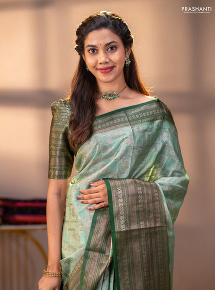 Banarasi warm silk saree pastel green and green with allover thread & zari checked pattern and long zari woven border