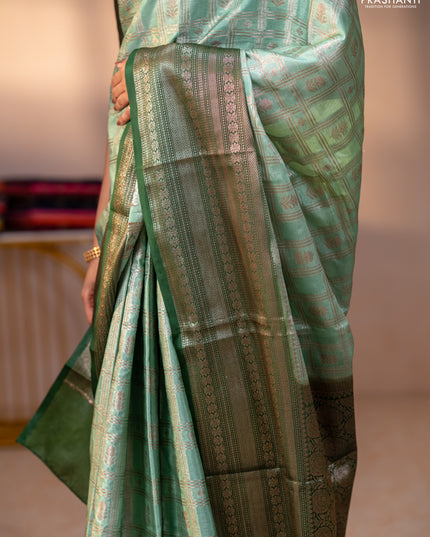 Banarasi warm silk saree pastel green and green with allover thread & zari checked pattern and long zari woven border