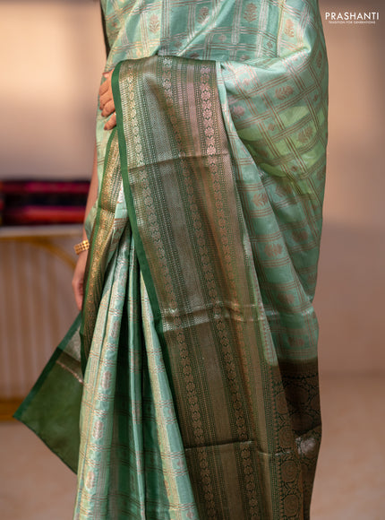 Banarasi warm silk saree pastel green and green with allover thread & zari checked pattern and long zari woven border