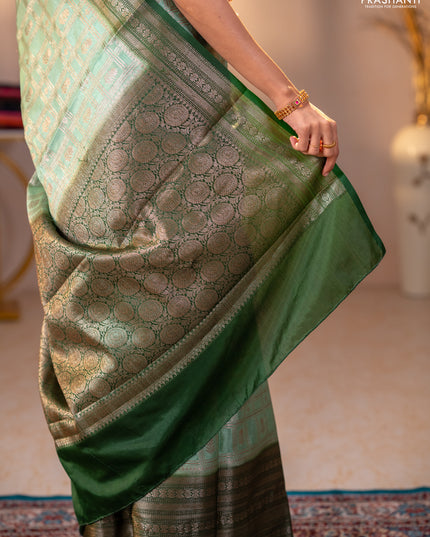 Banarasi warm silk saree pastel green and green with allover thread & zari checked pattern and long zari woven border