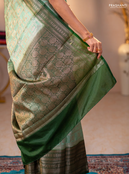 Banarasi warm silk saree pastel green and green with allover thread & zari checked pattern and long zari woven border