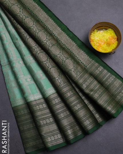 Banarasi warm silk saree pastel green and green with allover thread & zari checked pattern and long zari woven border