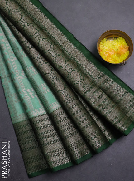 Banarasi warm silk saree pastel green and green with allover thread & zari checked pattern and long zari woven border